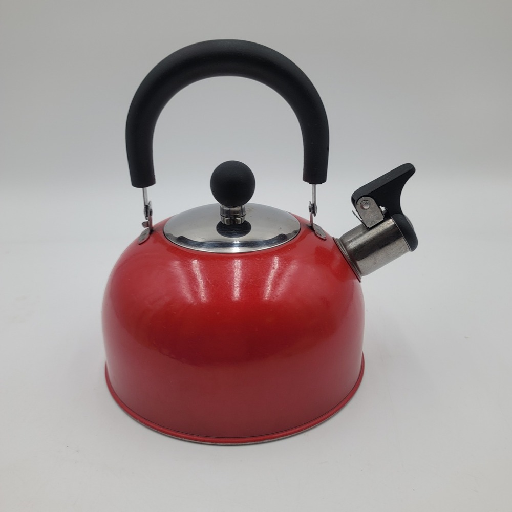 Red‎ Stainless Steel Whistling Tea Kettle Stovetop Enamel Finish Black Handle